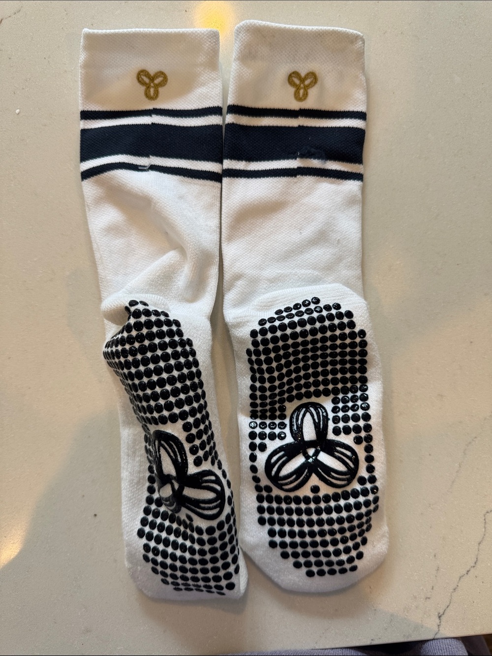 Aritzia White Socks with Navy Stripes and Gold Logo
